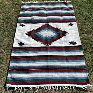Mexican Woven Diamond Serape Fringed Blanket Rug Blue Red Green 46x71 GUC